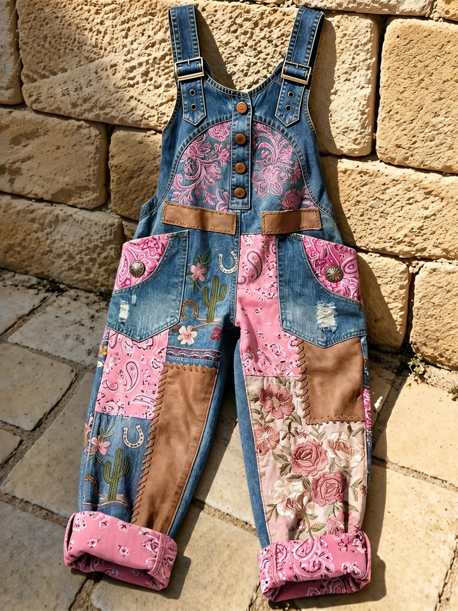 Women's Retro Style Print Washed Cotton Denim Patchwork Jumpsuit